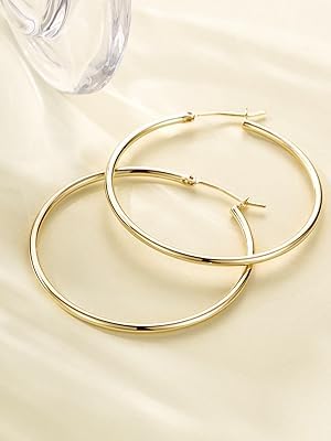 Solid 14k Gold Hoop Earrings for Women,2mm Tube Yellow Gold Hoop 14k Real Gold | Flex Continuous Hoop Gold Earrings | 20mm-60mm (0.8-2.8 Inch) (40)