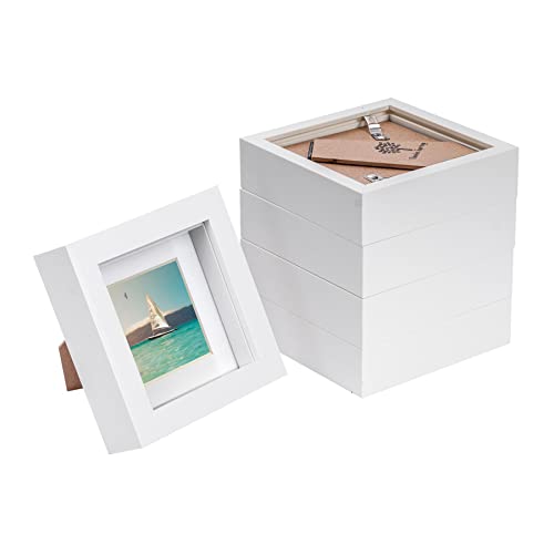 Nicola Spring 5x White 4" x 4" 3D Box Photo Frames with White 2" x 2" Mount - Standing Hanging Craft Shadow Picture Display