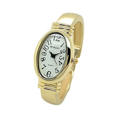 Ladies Oval Case Metal Bangle Cuff Fashion Watch Pearl Dial Wincci (Gold) Cover