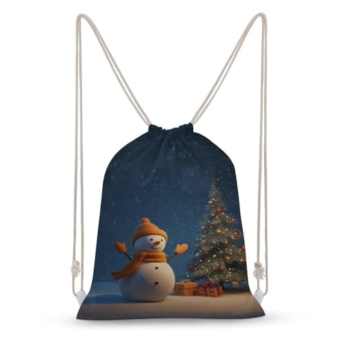 Snowman Christmas Tree Drawstring Backpack Canvas String Bag Lightweight Sports Gym Bag for Men Women