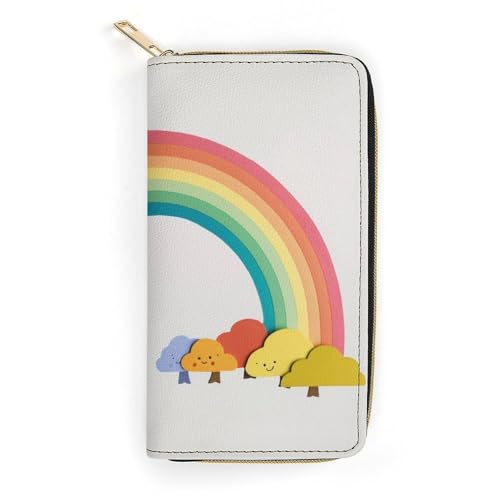 Small Rainbow Print Long Wallet for Women Men PU Leather Card Holder Organizer with Zipper Coin Pocket & Cash Slots