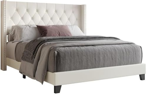 Image of Wooden Modern Upholstered Queen Size Bed for Bedroom | Wooden Double Bed Without Storage | Platform Cot Upholstered Bed with Upholstery Fabric | Engineered Wood | 6.5 x 5 Ft | White Cassius