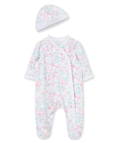 Image of Little Me Clothes for Baby Girls 100% Cotton Scratch-Free Tag Footed One-Piece Romper and Hat Sleeper Set Preemie to 9 Months