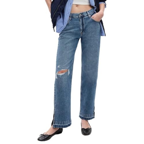 Image of Gap Women Vintage Mid Rise Mom Fit Mid Washed Jeans with Slit Ankle Detail