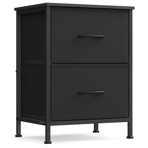 SONGMICS Dresser for Bedroom, Chest of Drawers, Nightstand, Steel, MDF, 2 Non-Woven Fabric Drawers, Storage Organizer Unit, Closet, Entryway, Ink Black and Ebony Black ULGS312B01S