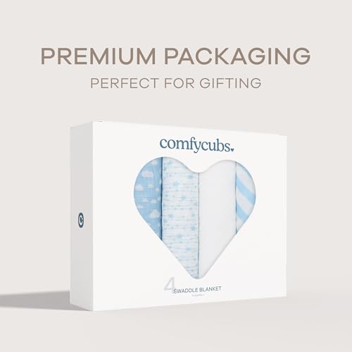 Image of Comfy Cubs Muslin Swaddle Blankets Pack of 4, 47 x 47 Inches, Soft Cotton Baby Blanket Set, Large Multipurpose Swaddling Wraps for Newborns - Self-Soothing Swaddle - Blue