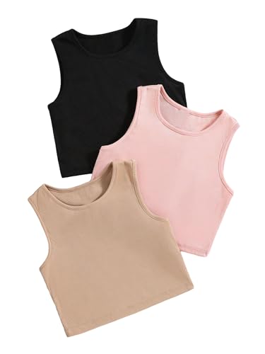 Milumia Girl's 3 Pack Ribbed Knit Cut Out Round Neck Sleeveless Cropped Tank Tops