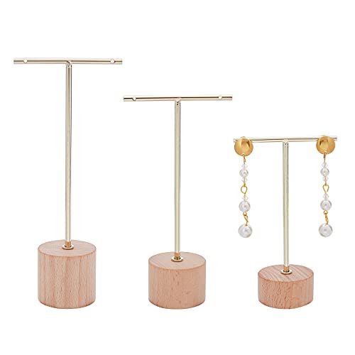 FINGERINSPIRE Set di 3 espositori per orecchini a forma di T in metallo dorato con base in legno, per negozio di accessori fotografici, base rotonda dorata, altezza 160 mm, 140 mm e 117 mm