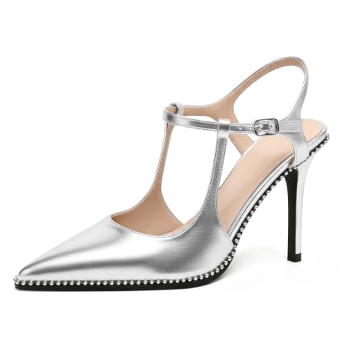 Image of SAMMITOP Womens High Heels Ankle Strap Pointed Toe Stilettos Patent Leather Beaded Pumps Dress Shoes 3.5 Inch