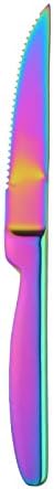 Bisda Rainbow Coloured Steak Knives Set of 6, Stainless Steel Serrated Steak Knife Iridescent Cutlery Meat Knives, 22cm(8.65 inch) Length Dishwasher Safe