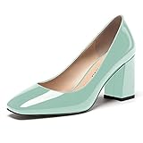 WAYDERNS Women's Turquoise Square Toe Patent Slip On Solid Block High Heel 3 Inch Pumps Shoes Size...
