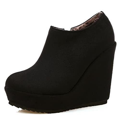 UniqueStride Women High Heel Wedge Short Ankle Boots Fashion Platform Zip up Faux Suede Ankle Booties2