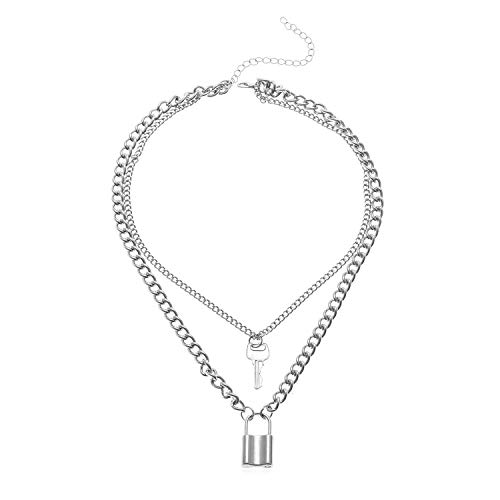 Wcysin Dual Layer Necklace with Lock and Key Pendant for Women Girls Fashion Choker Necklace Chain Silver