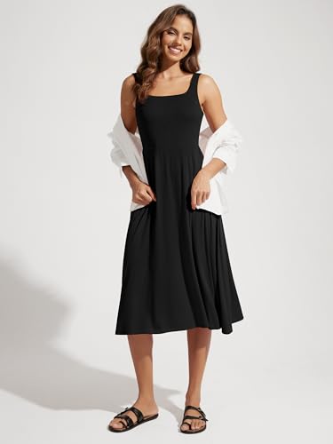 ODODOS Square Neck Midi Dress with Pockets for Women Summer Casual Sleeveless Sundress Flare Tank Dress4