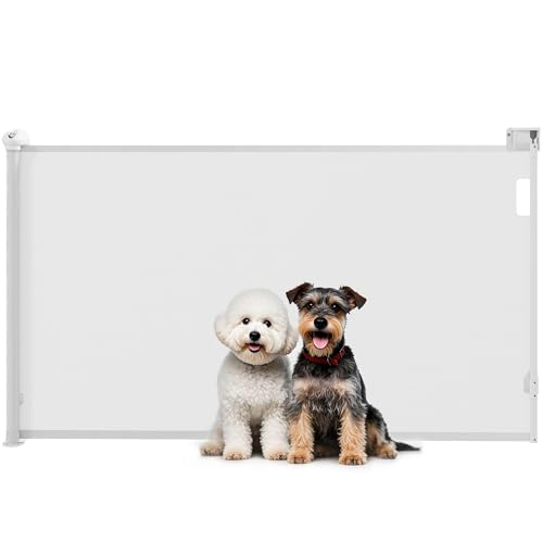 PawHut Barrera para Perros Retráctil 0-125 cm Puerta para Perros Pequeños Extensible Barrera de Seguridad para Mascotas con Interruptor de Cierre para Escaleras Puertas Pasillos Blanco