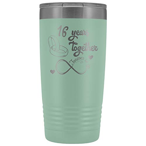 freedomlook 16th Wedding Anniversary Present For Him And Her, Husband & Wife 16th Anniversary Tumbler, Married For 16 Years, 16 Years Together With Her (20 oz, Teal)
