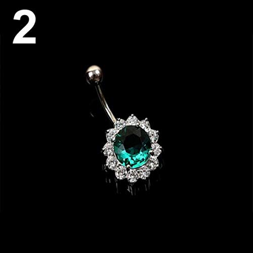Ammzzoo111_Navel nail Stainless Steel Belly Button Navel Piercing Stud, Women Body Piercing Jewelry Rhinestone Ball Button Barbell Bar Belly Navel Ring - Green+White