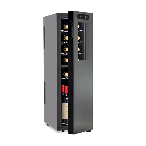 Wine Enthusiast 18-Bottle Slimline Dual Zone Wine Cooler – Energy Efficient Freestanding Wine Refrigerator – Upright Bottle Storage, Adjustable Thermostat, Digital Touchscreen (20.5” x 10.7″ x 36.8”)