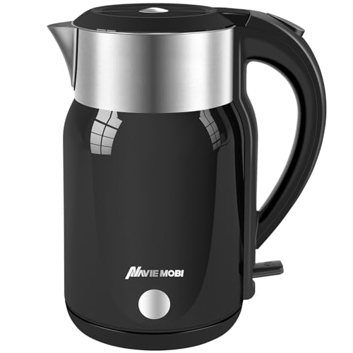 Navie Mobi Hervidor Agua Electrico,1.8L Gran Capacidad,2200W Ebullición Rápida, Calentador Agua Acero inoxidable,Sin BPA,Apagado Automático,Tetera Electrica Sin Goteo,Doble pared,Sin Cable,Negro