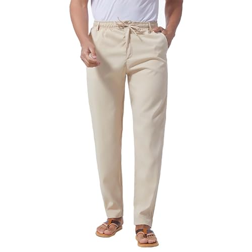 Pantalones de vestir casuales de algodón para hombre, ajuste regular, cintura elástica, con cordón, pantalones de sarga de pierna recta, pantalones de yoga y playa, pantalones chinos ligeros, beige