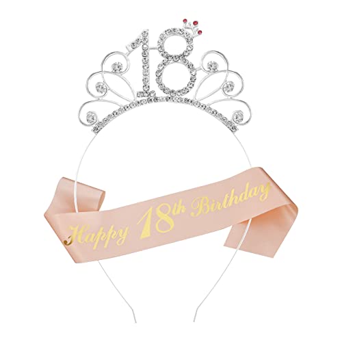 tiopeia 18 Ans Couronne Anniversaire et Écharpe Rose Happy Joyeux Anniversaire Décoration Cadeau Glitter Strass Couronne Décoration pour 18 Ans Anniversaire Filles Cover