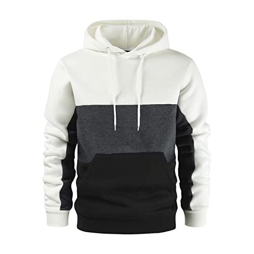 NQyIOS Leichter Pulli Herren Herren-Fleece-Pullover, Kapuzen-Sweatshirt, Kordelzug, Farbblock-Hoodie, Herren mit Tasche Sweatshirt Kragen Pullover Herren (White, XXL)