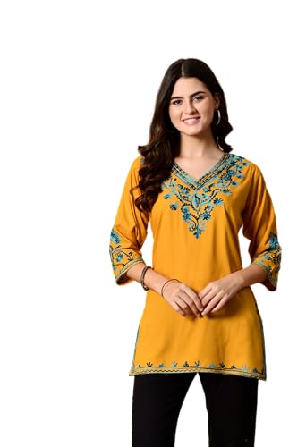 Image of LIBOZA Embroidered Kashmiri Tunic Top, Short Kurti for Women on Jeans, V-Neck, 3 /4 Sleeve, Floral Design,