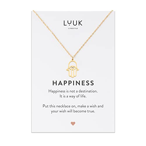 LUUK LIFESTYLE Collier pour femme en acier inoxydable avec pendentif main Hamsa | Fatma et carte cadeau HAPPINESS, accessoire de mode, or