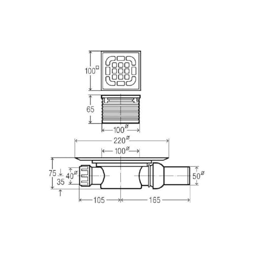 Viega 557119 Badablauf Advantix Modell 4935.1 mit Aufsatz, 100 x 100 mm, Grau, Edelstahl.