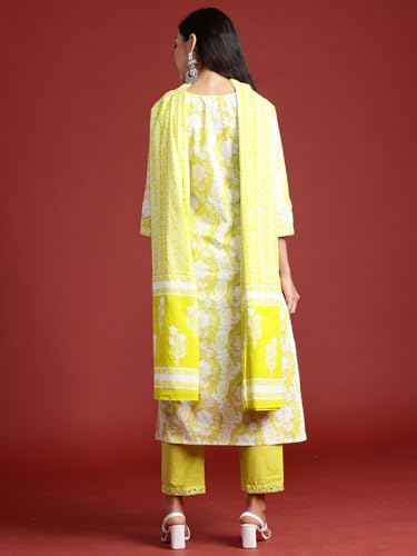 Image of INDO ERA Women's Pure Cotton Printed Straight Kurta & Pant With Dupatta Set