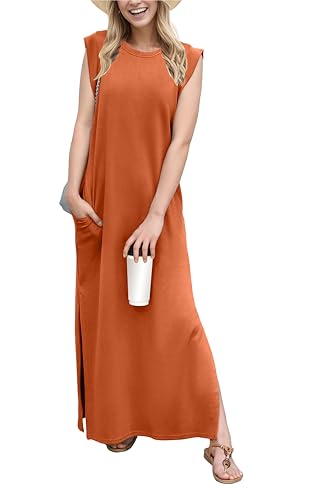 Image of GRECERELLE 2026 Women Year-Round Casual Round Neck Loose Split Wrinkle-Free Long Maxi Vacation Dress with Pockets (XXS-4XL)