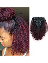 AmazingBeauty 8A Grade 3C 4A Big Afro Kinkys Curly Ombre Hair Extensions Double Weft Real Remy Human Hair for African American, Natural Black Fading into Cherry Wine Two Tone Color TN-99J, 12 Inch