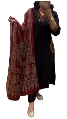 Image of GoSriKi Women's Rayon Viscose Straight Embroidered Kurta with Pant and Dupatta | V-Neck Kurti Set | 3 /4 Length Regular Sleeves | Soft Comfortable Fabric | 3 Piece Outfit