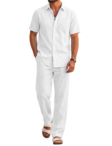 COOFANDY All White Outfits for Men Short Sleeve Button Down Shirt Drawstring Pants Casual Summer Beach Linen Sets