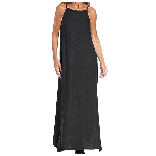 Sundress for Women UK Cotton Linen Summer Maxi Dresses Sleeveless Spaghetti Strap Dresses Solid Color Swing Long Dress Elegant Business Work Dress Holiday Beach Party Dresses Black