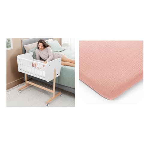 Image of Comfy Cubs Wooden Bedside Bassinet Sleeper and Lace Pink Muslin Fitted Bassinet Crib Sheet Bundled