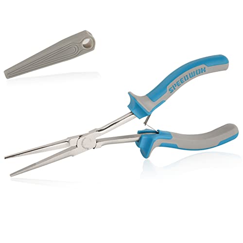 SPEEDWOX Long Reach Needle Nose Pliers Precision Needle Nose Pliers w/ Teeth Wire Looping Pliers for Jewelry Making Extra Long Needle Nose w/ Protective Cover for Narrow Space Blue White