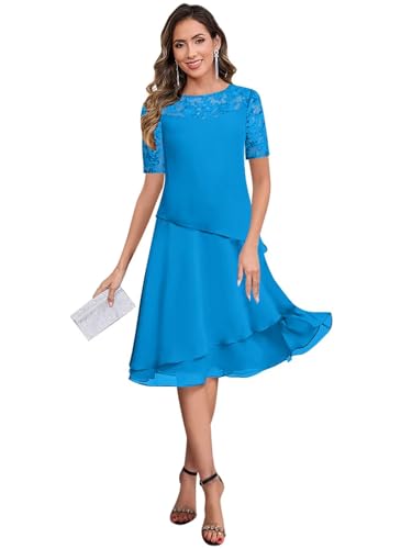 Women's Short Sleeve Tea Length Mother of The Bride Dresses for Wedding Ruffle Chiffon Lace Formal Dress