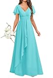 Turquoise Bridesmaid Dresses with Sleeves for Women Ruched V Neck Long Maid of Honor Chiffon Formal Dress UK18