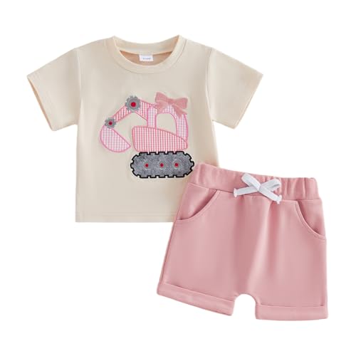 FOCUSNORM Toddler Baby Girl Summer Clothes Excavator Embroidery Short Sleeve T-Shirt Tops Shorts Set Cute Infant 2pcs Outfits (Excavator Apricot 2-3T)