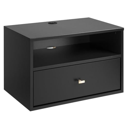 Prepac Transitional 1 Drawer Floating Nightstand with Open Shelf, Wall Mounted Nightstand, Contemporary Bedroom Furniture, 15"D x 22.5"W x 14.5"H, Black