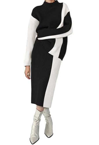 GOLDSTITCH Women's Two Piece Sweater Outfits Mock Neck Pullover Sweater High Waist Skirt Set Color Block Ribbed Set