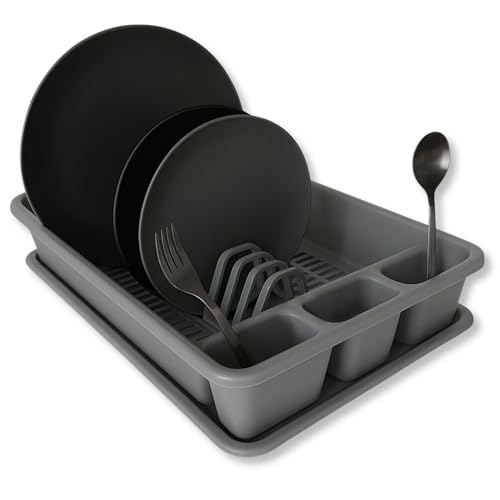 CHEFZOCO Égouttoir en plastique, égouttoir à vaisselle, évier à 2 modules, avec plateau anti-gouttes, organisateur de vaisselle, 45 cm de large x 26,5 cm de profondeur x 9 cm de hauteur, gris CHEFZOCO Égouttoir en plastique, égouttoir à vaisselle, évier à 2 modules, avec plateau anti-gouttes, organisateur de vaisselle, 45 cm de large x 26,5 cm de profondeur x 9 cm de hauteur, gris