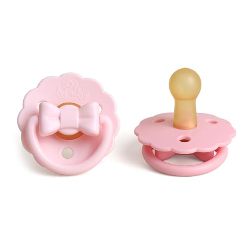 Itzy Ritzy Natural Rubber Pacifiers – Baby Pacifiers with Cherry-Shaped Nipple & Large Air Holes for Added Safety - Set of 2 Binkies in Light Pink & Dark Pink Bows (Ages 6-18 Months)