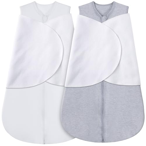 Image of BSTOPPT 100% Cotton Newborn Sleep Sack Swaddle,0-3 Months,3-Way Adjustable Wearable Blanket,TOG 0.5，2 Pack (Grey & White)