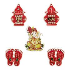 Shubh Labh, Pagala, Ganesh Ji 5 Pcs Decorative Acrylic Stickers Set Meenakari Shubh Labh Swastika and Laxmi Charan Lakshmi Pagla Ganapati Sticker in Red Yellow Multicolor, for Wall, Door, Diwali Decor