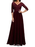 shownicer Damen Abendkleider Spitzenkleider Elegant für Hochzeit Cocktailkleid Spitzen Ballkleider Maxilang 3/4 Ärmel Einfarbig Chiffon Kleid Maxikleid Bodenlang Kleid A Weinrot L