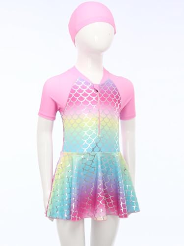 Girls Mermaid Swimsuits Shiny Fishscales Printed One Piece Rash Guard with Swim Cap3