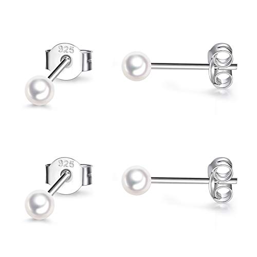 Sterling Silver Stud Earrings for Women- 2 Pairs 3mm Tiny Ball Stud Earrings Round CZ Cubic Zirconia Earrings Pearl Earrings Set Cartilage Small Tragus Earrings Nose Lip Rings