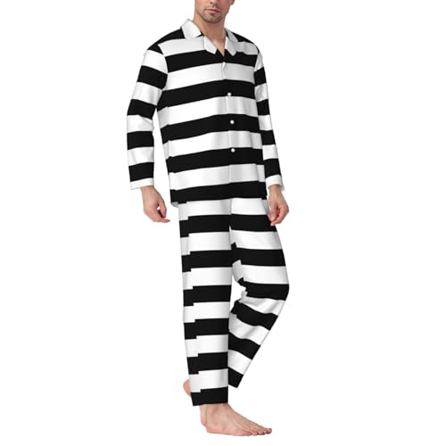 Stripes Black White Men'S Pajama Set 2 Packs Loungewear, Long-Sleeve Shirt And Full-Length Bottom, Soft Sleepwear3